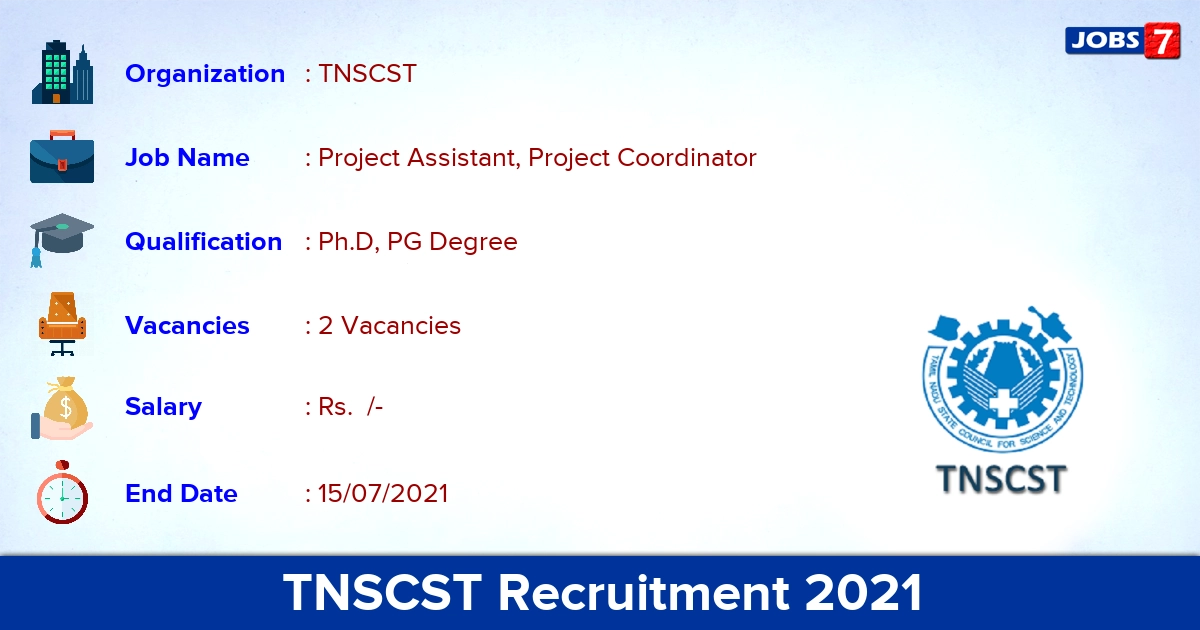 TNSCST Recruitment 2021 - Apply Online for Project Coordinator Jobs