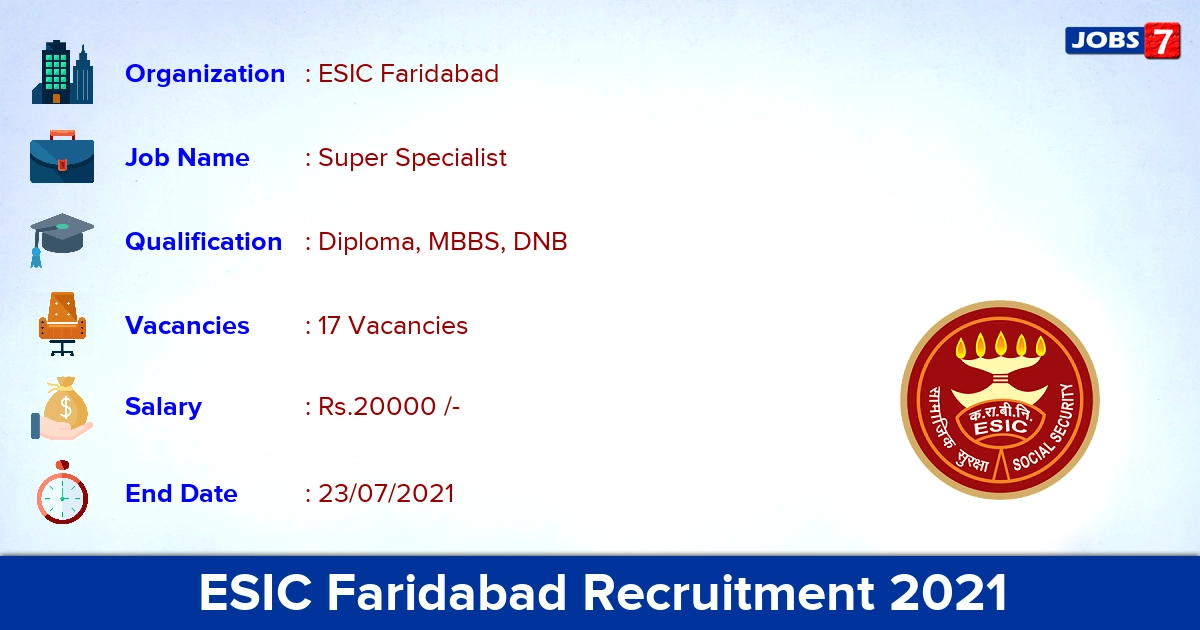 ESIC Faridabad Recruitment 2021 - Apply Offline for 17 Super Specialist Vacancies