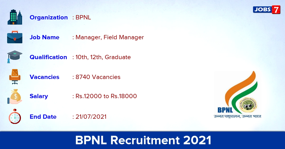 BPNL Recruitment 2021 - Apply Online for 8740 Manager, Field Manager Vacancies