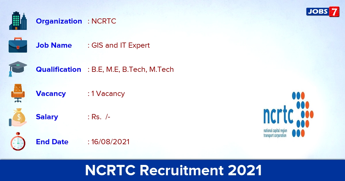 NCRTC Recruitment 2021 - Apply Online for GIS and IT Expert Jobs