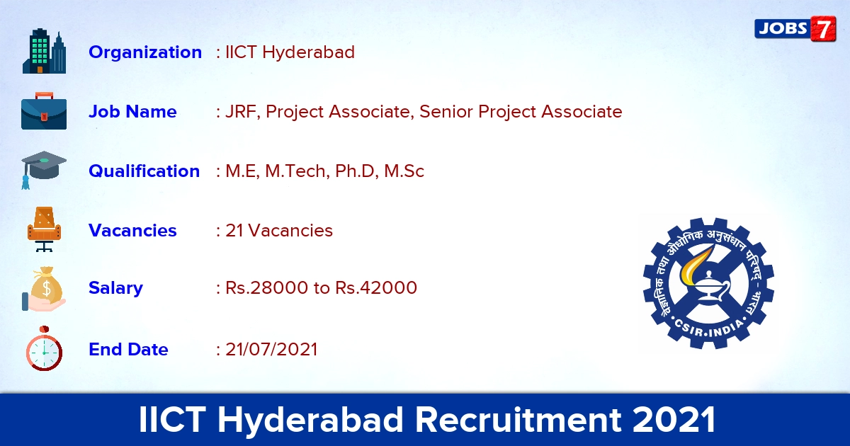 IICT Hyderabad Recruitment 2021 - Apply Online for 21 Project Associate Vacancies