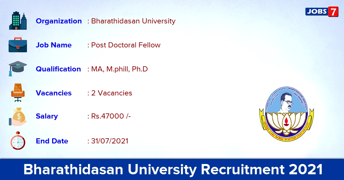 Bharathidasan University Recruitment 2021 - Apply Online for Post Doctoral Fellow Jobs