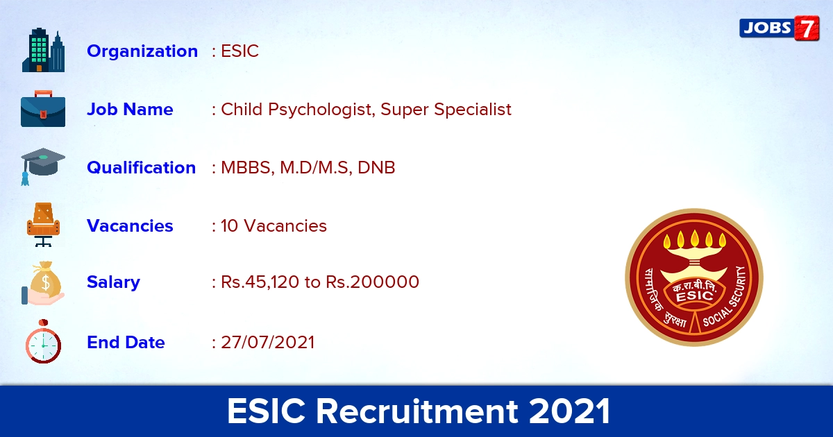 ESIC Recruitment 2021 - Apply Offline for 10 Child Psychologist Vacancies