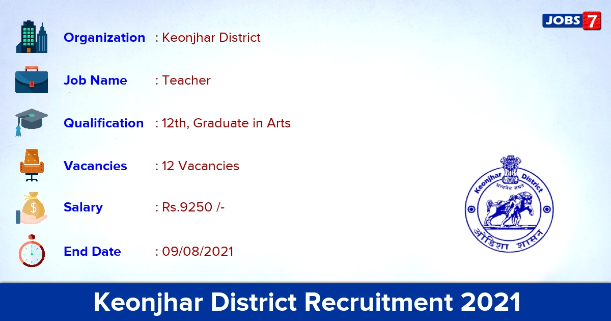 Keonjhar District Recruitment 2021 - Apply Offline for 12 Teacher Vacancies