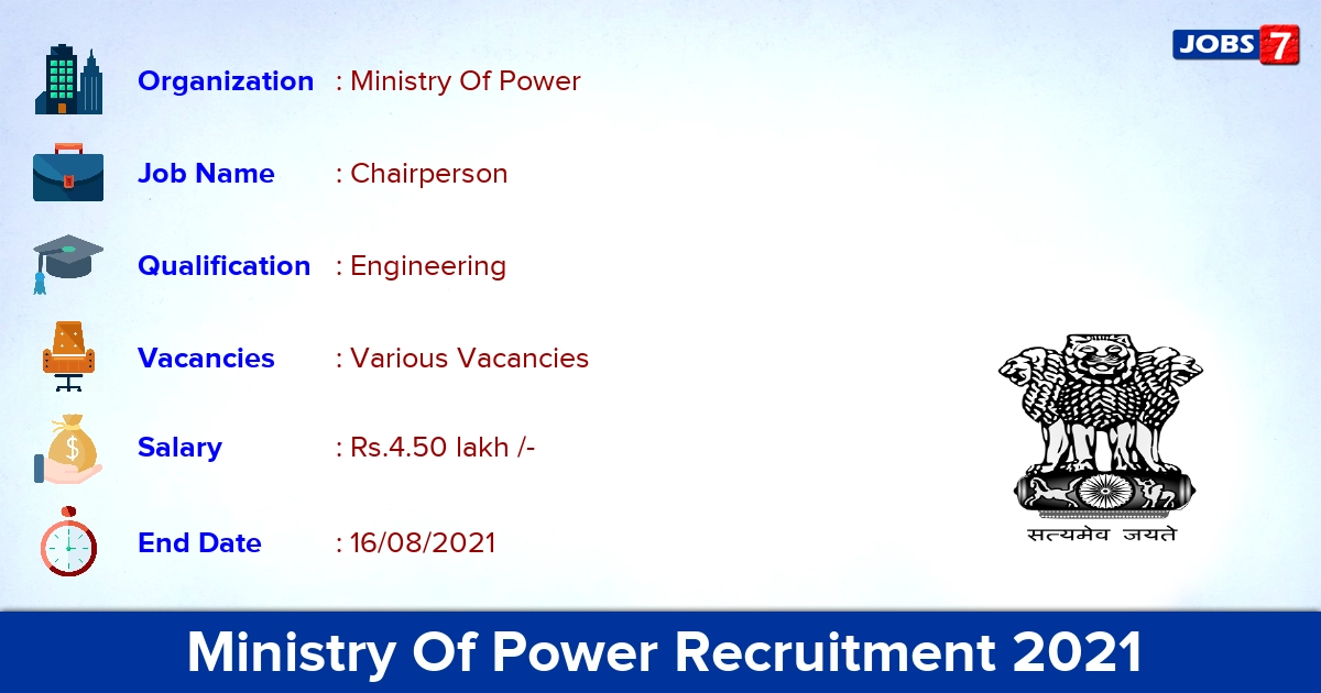 Ministry Of Power Recruitment 2021 - Apply Online for Chairperson Vacancies
