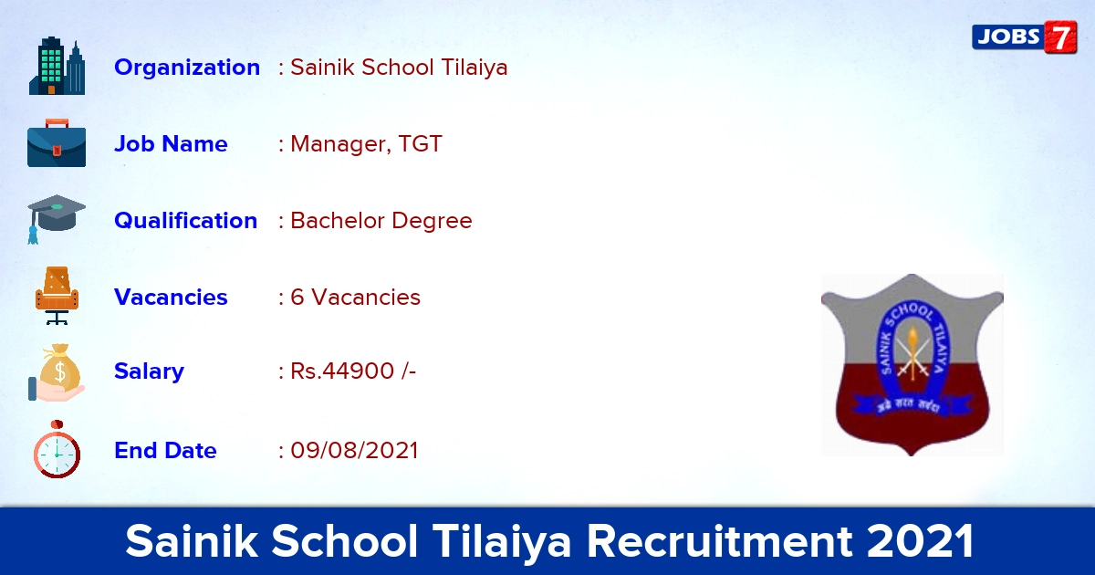 Sainik School Tilaiya Recruitment 2021 - Apply Offline for TGT Jobs