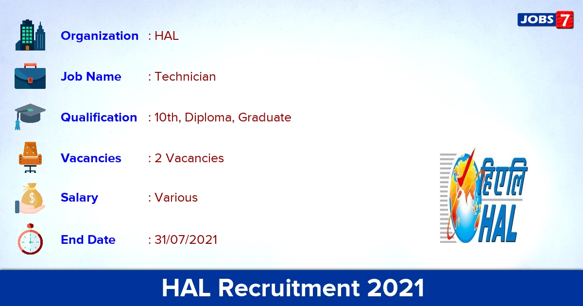 HAL Recruitment 2021 - Apply Offline for Technician Jobs