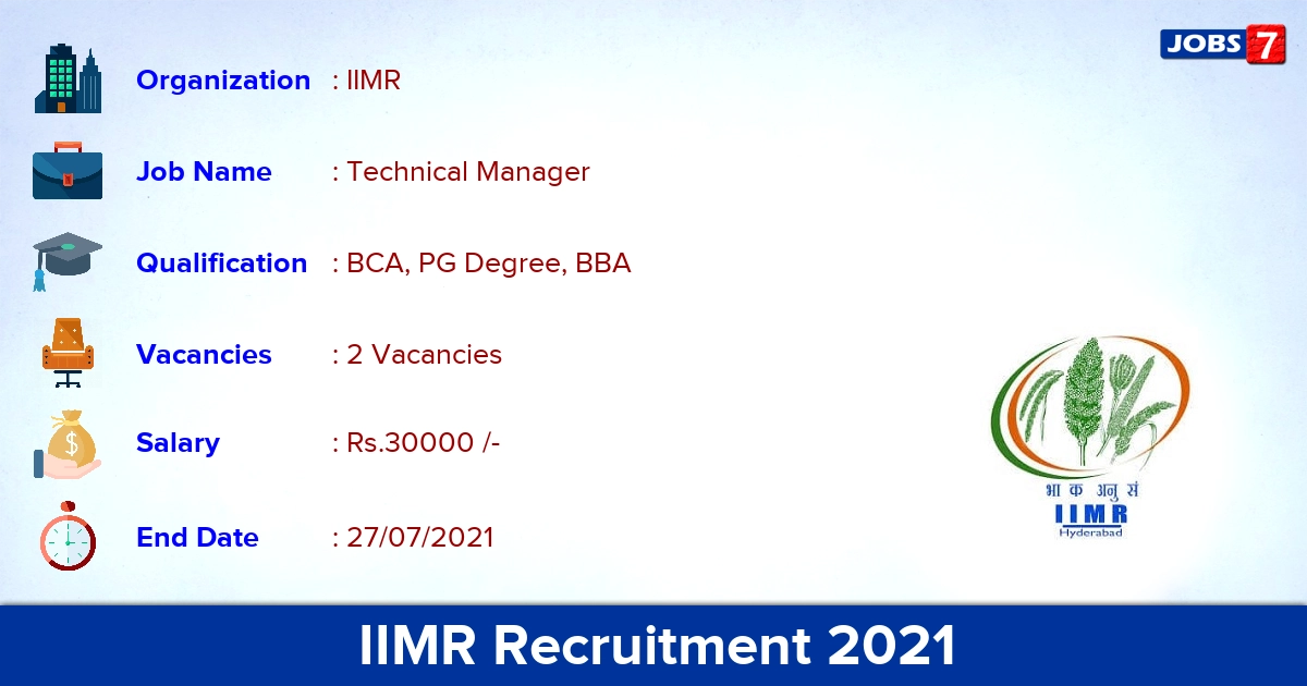 IIMR Recruitment 2021 - Apply Offline for Technical Manager Jobs