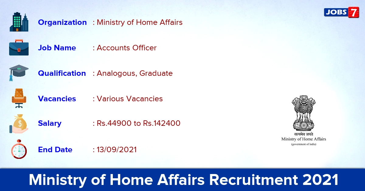 Ministry of Home Affairs Recruitment 2021 - Apply Offline for Accounts Officer Vacancies
