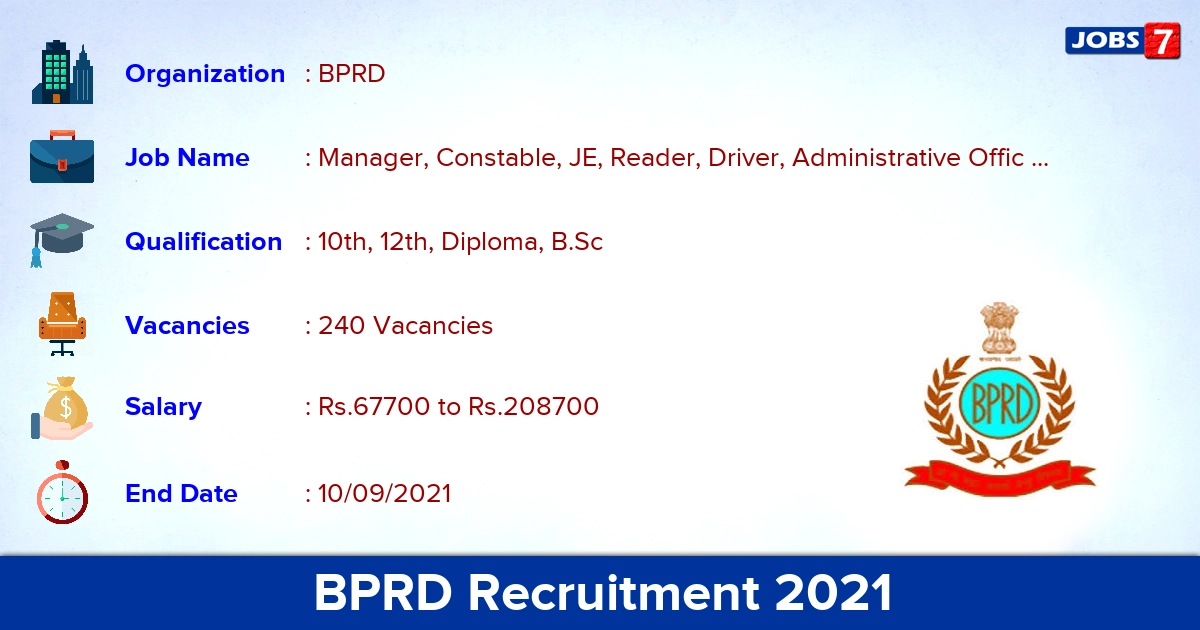 BPRD Recruitment 2021 - Apply Online for 240 Driver, Computer Operator Vacancies