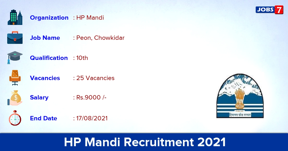 HP Mandi Recruitment 2021 - Apply Offline for 25 Peon, Chowkidar Vacancies