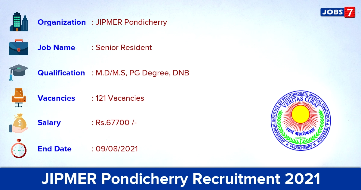 JIPMER Pondicherry Recruitment 2021 - Apply Online for 121 Senior Resident Vacancies
