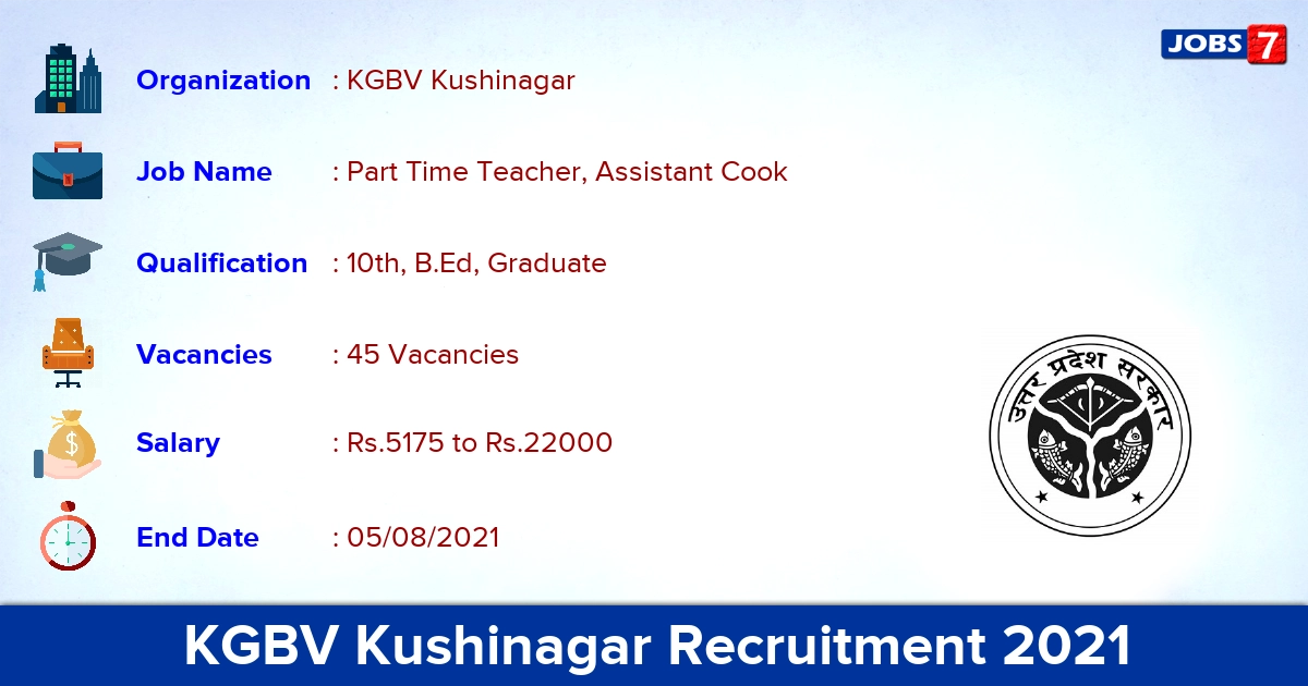 KGBV Kushinagar Recruitment 2021 - Apply Offline for 45 Assistant Cook Vacancies