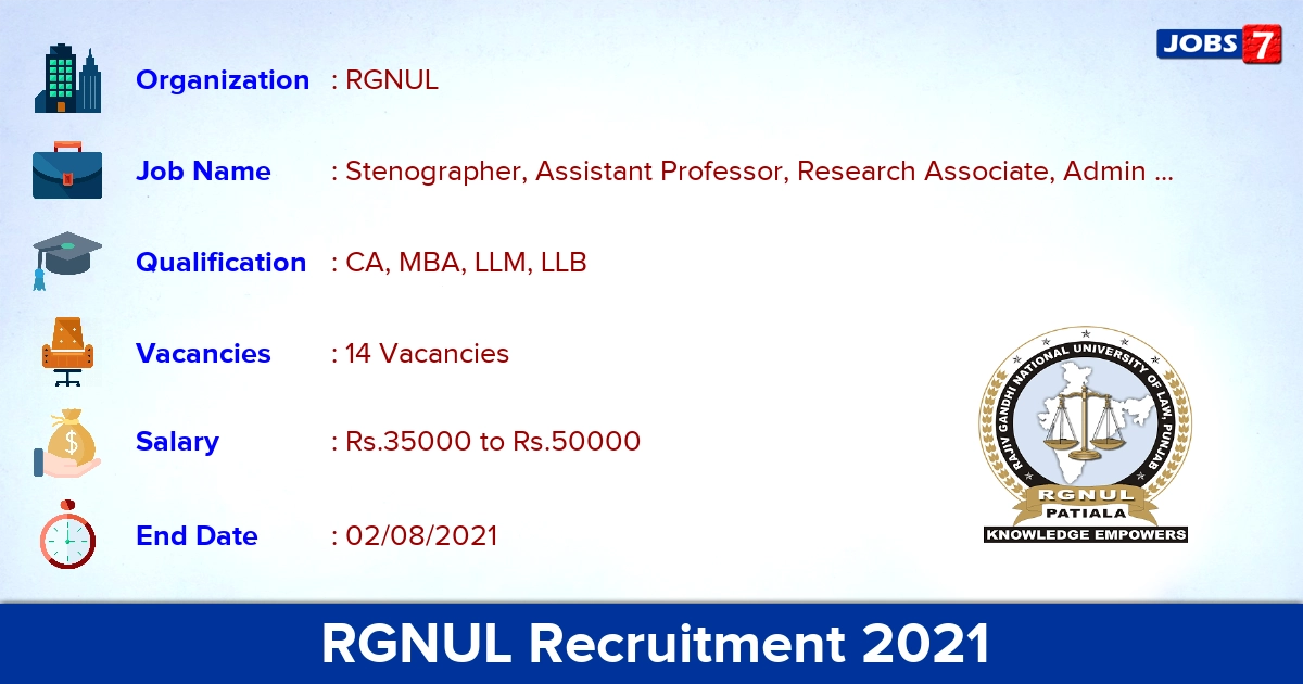 RGNUL Recruitment 2021 - Apply Online for 14 Legal Advisor Vacancies