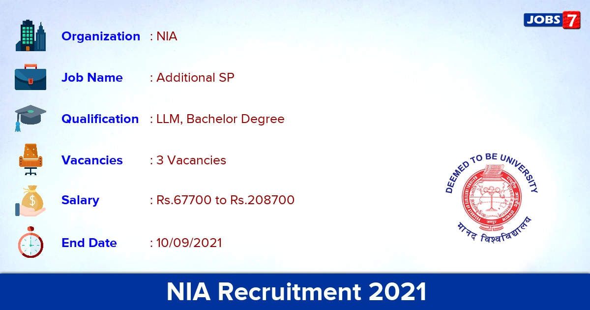 NIA Recruitment 2021 - Apply Offline for Additional SP Jobs