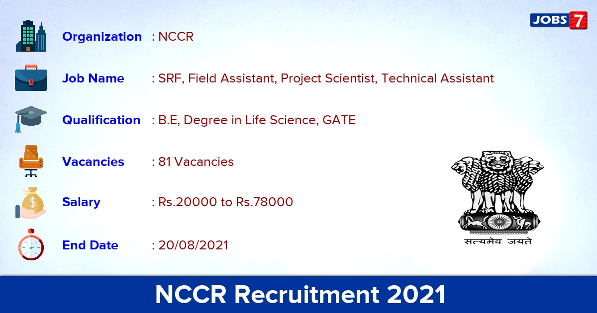 NCCR Recruitment 2021 - Apply Online for 81 SRF, Technical Assistant Vacancies