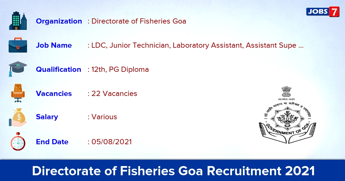 Directorate of Fisheries Goa Recruitment 2021 - Apply Offline for 22 LDC, Junior Technician Vacancies