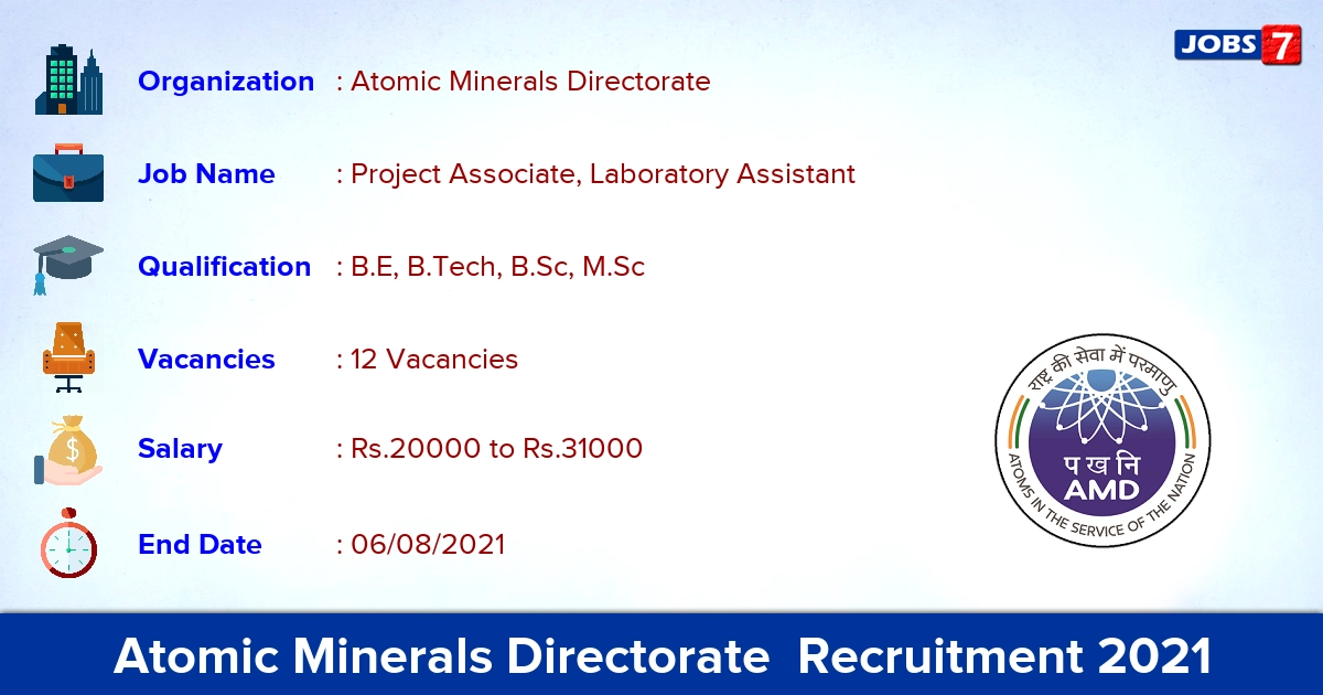 Atomic Minerals Directorate  Recruitment 2021 - Apply Offline for 12 Laboratory Assistant Vacancies