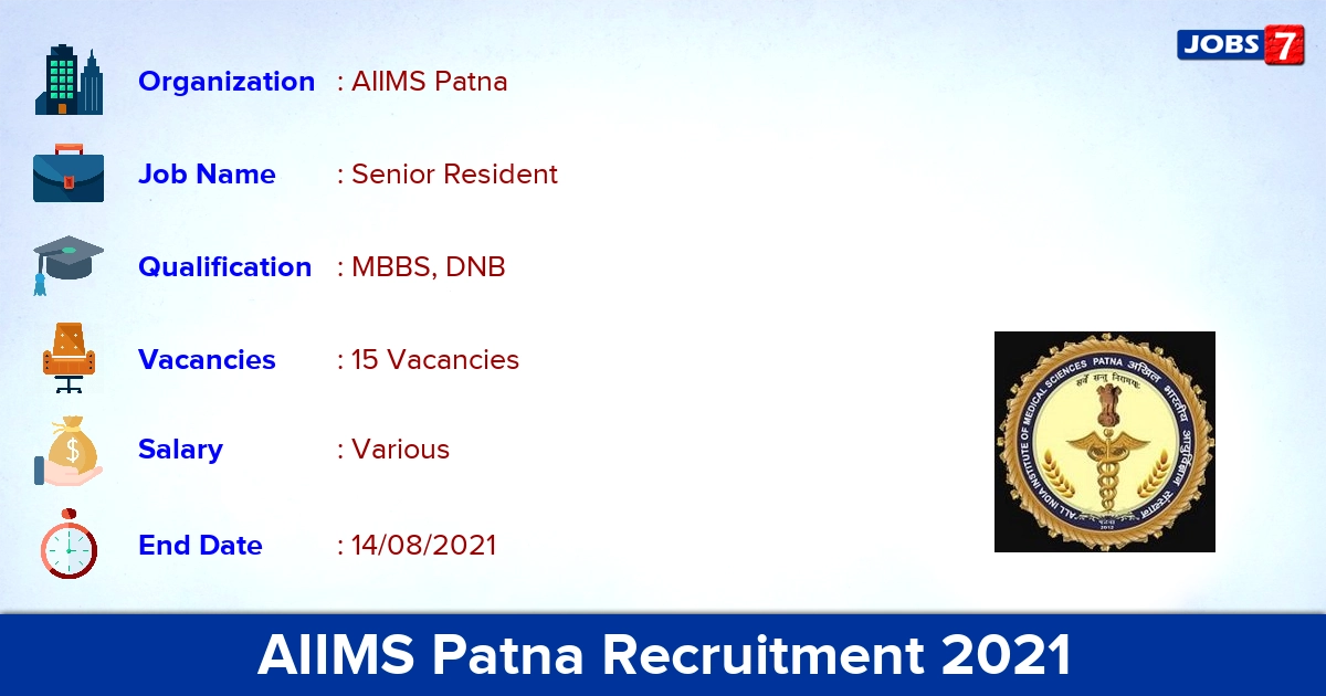 AIIMS Patna Recruitment 2021 - Apply Offline for 15 Senior Resident Vacancies