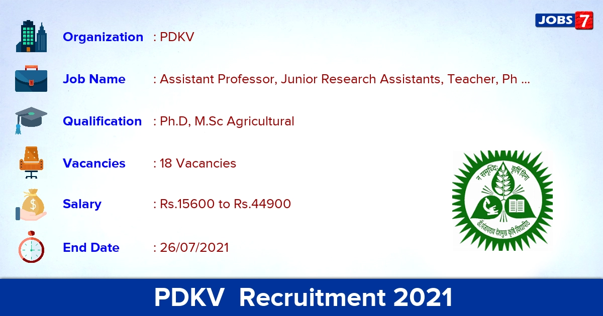 PDKV Recruitment 2021 - Apply Online for 18 Assistant Professor Vacancies