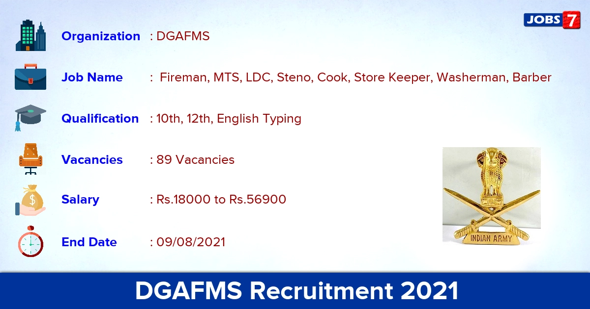 DGAFMS Recruitment 2021 - Apply Offline for 89 MTS, LDC Vacancies