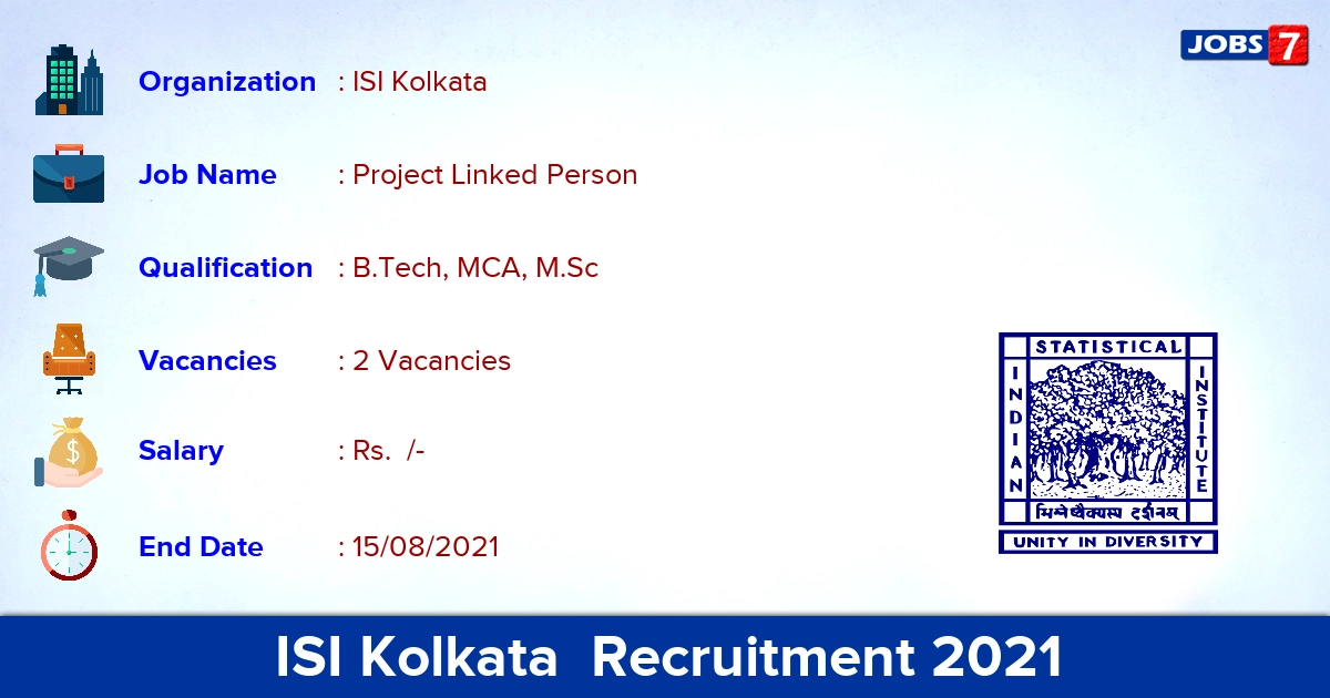 ISI Kolkata Recruitment 2021 - Apply Online for Project Linked Person Jobs