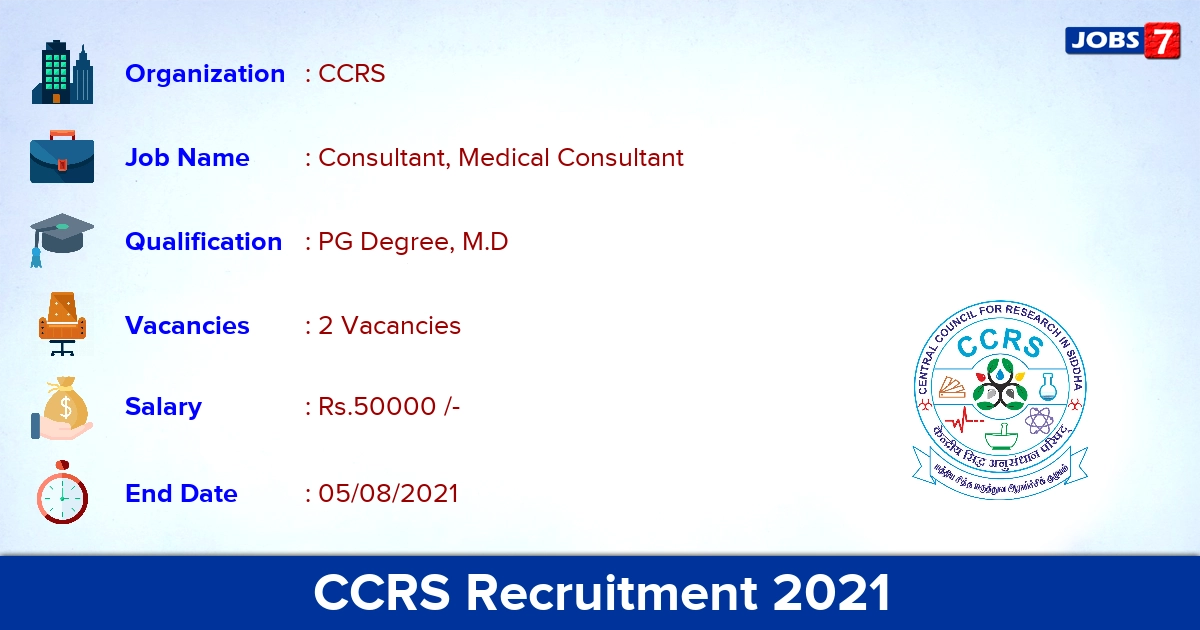 CCRS Recruitment 2021 - Apply Offline for Medical Consultant Jobs