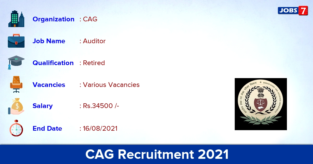 CAG Recruitment 2021 - Apply Online for Auditor Vacancies