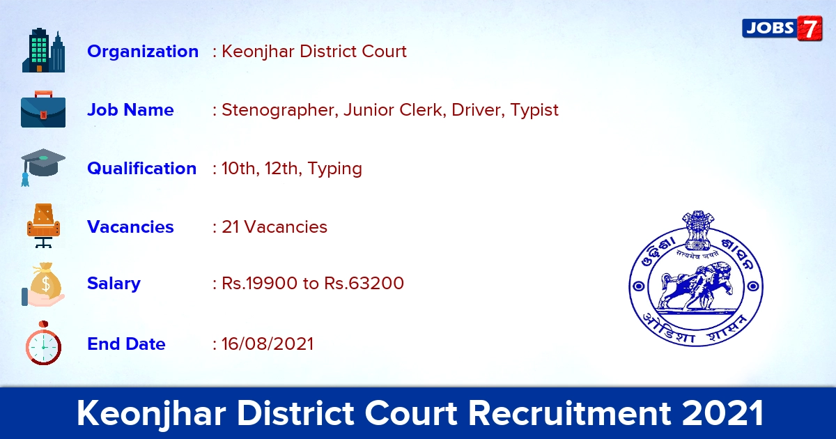 Keonjhar District Court Recruitment 2021 - Apply Offline for 21 Stenographer Vacancies