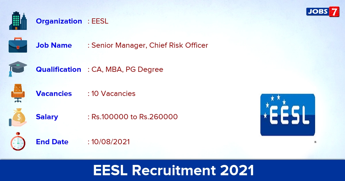 EESL Recruitment 2021 - Apply Online for 10 Chief Risk Officer Vacancies