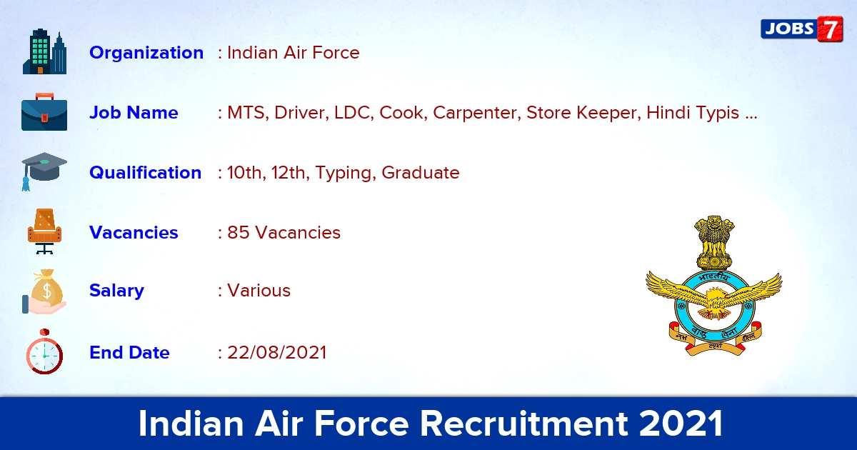 Indian Air Force Recruitment 2021 - Apply Offline for 85 MTS, Hindi Typist Vacancies