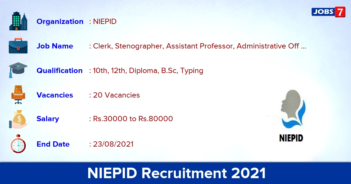 NIEPID Recruitment 2021 - Apply Offline for 20 Clerk, Special Educator Vacancies