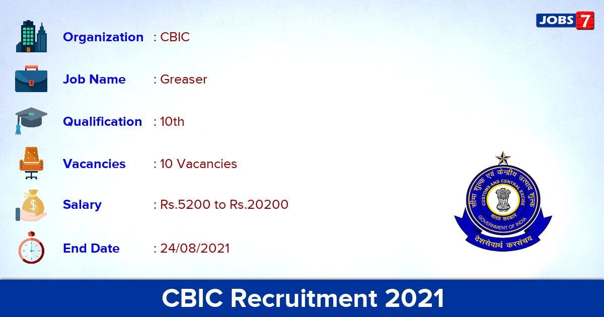 CBIC Recruitment 2021 - Apply Offline for 10 Greaser Vacancies