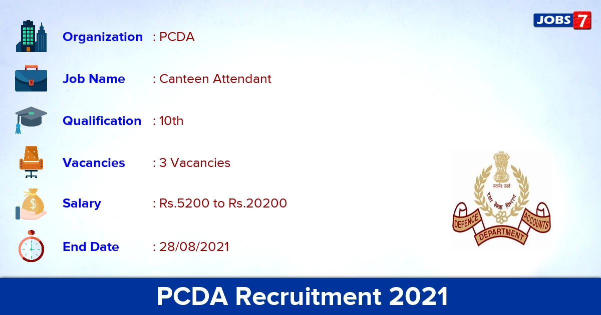 PCDA Recruitment 2021 - Apply Offline for Canteen Attendant Jobs