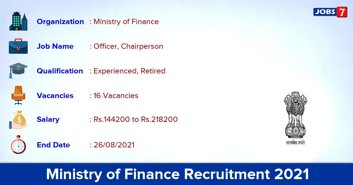 Ministry of Finance Recruitment 2021 - Apply Offline for 16 Officer, Chairperson Vacancies