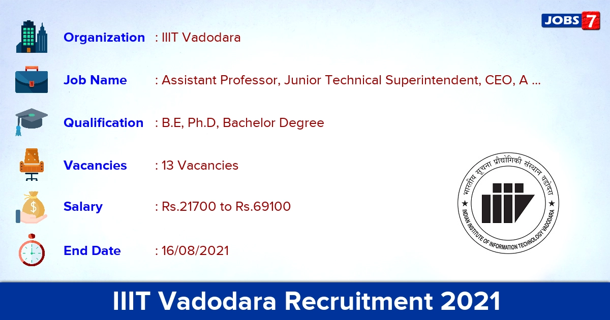 IIIT Vadodara Recruitment 2021 - Apply Online for 13 Assistant Professor Vacancies