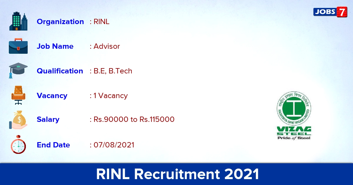 RINL Recruitment 2021 - Apply Online for Advisor Jobs