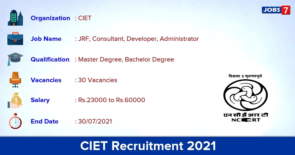 CIET Recruitment 2021 - Apply Online for 30 JRF Vacancies