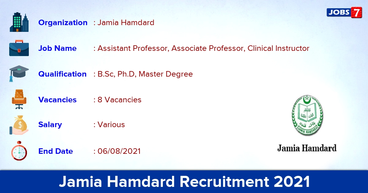 Jamia Hamdard Recruitment 2021 - Apply Offline for Clinical Instructor Jobs