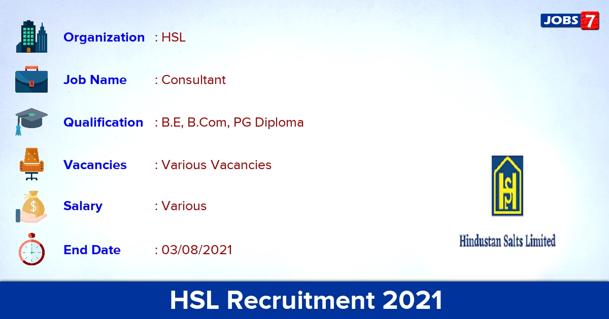 HSL Recruitment 2021 - Apply Online for Consultant Vacancies