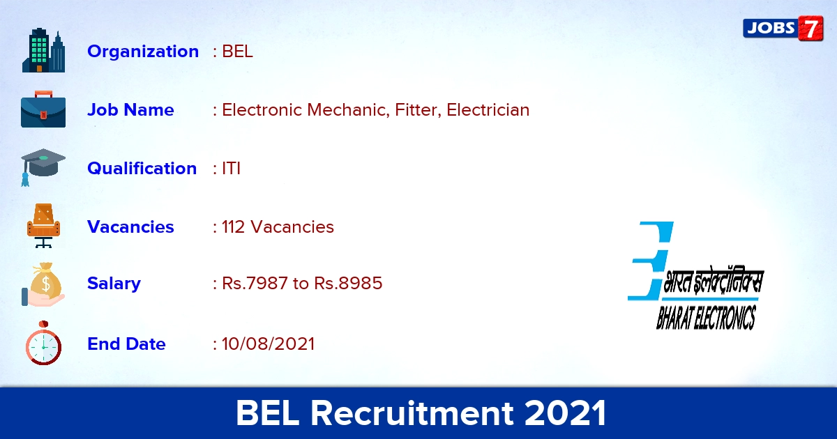 BEL Recruitment 2021 - Apply Online for 112 Fitter, Electrician Vacancies