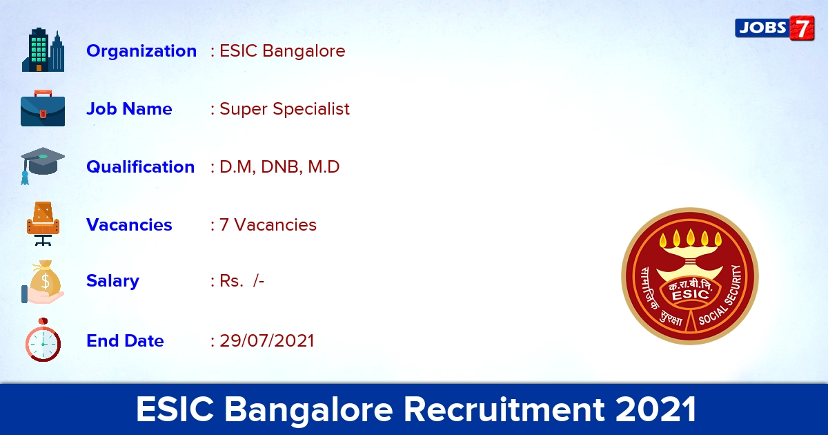 ESIC Bangalore Recruitment 2021 - Apply Direct Interview for Super Specialist Jobs