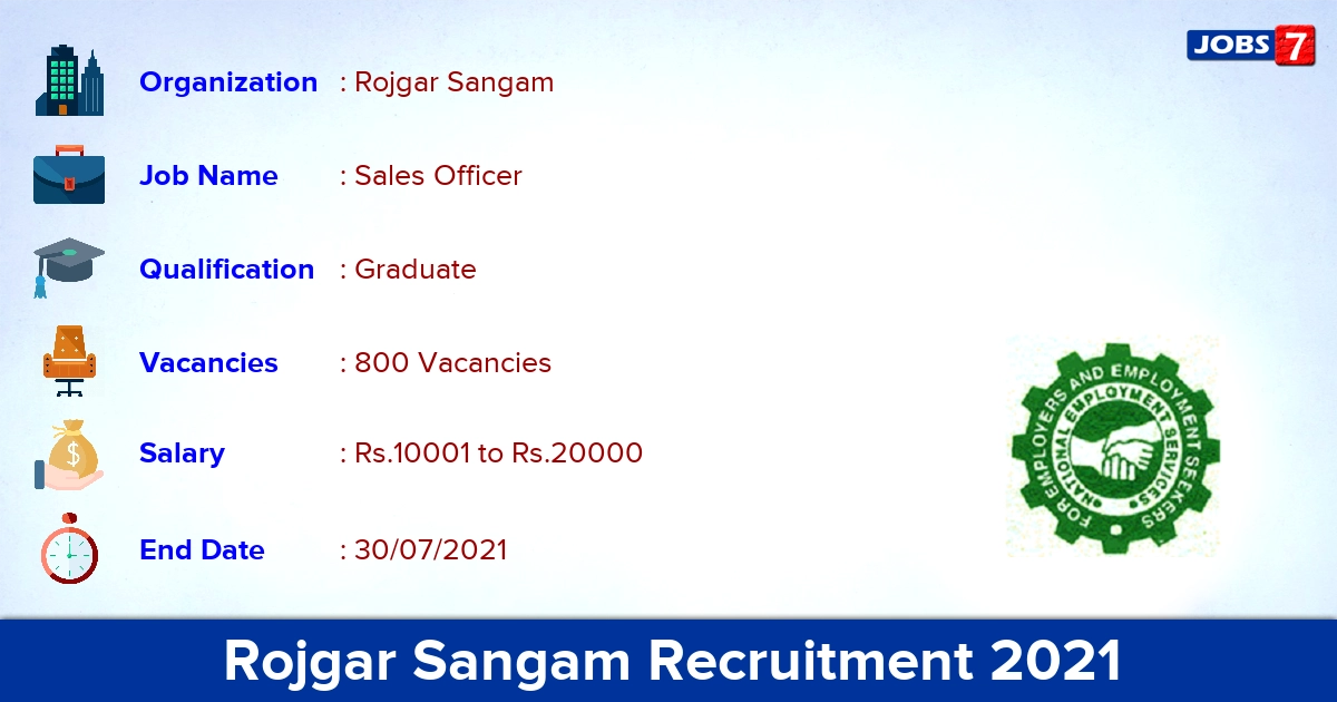 Rojgar Sangam Recruitment 2021 - Apply Online for 800 Sales Officer Vacancies
