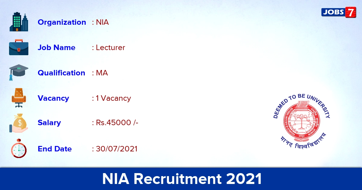 NIA Recruitment 2021 - Apply Online for Lecturer Jobs