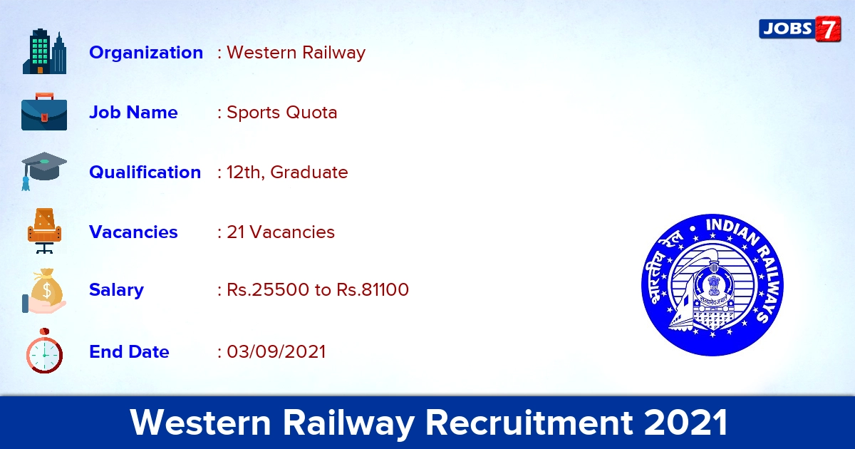 Western Railway Recruitment 2021 - Apply Online for 21 Sports Quota Vacancies