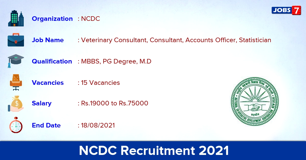 NCDC Recruitment 2021 - Apply Direct Interview for 15 Veterinary Consultant Vacancies