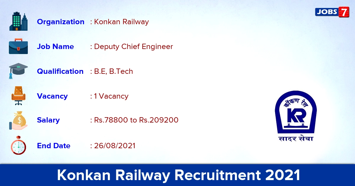 Konkan Railway Recruitment 2021 - Apply Offline for Deputy Chief Engineer Jobs