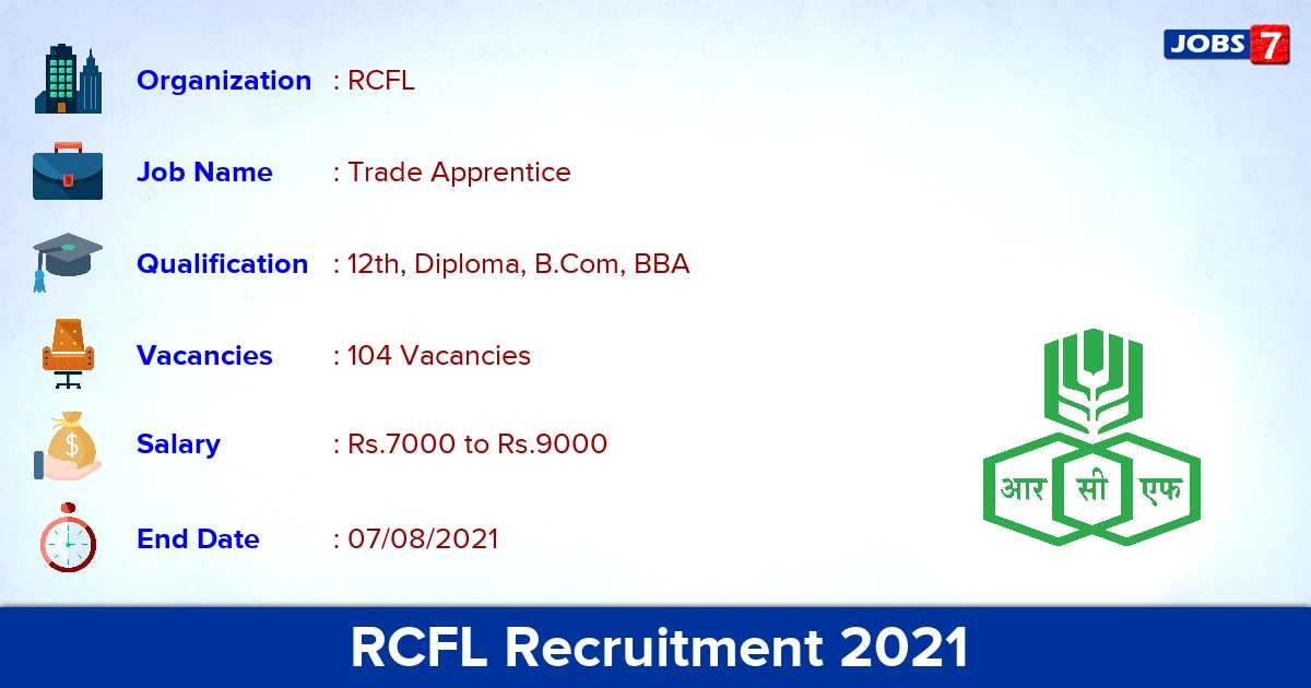 RCFL Recruitment 2021 - Apply Online for 104 Trade Apprentice Vacancies