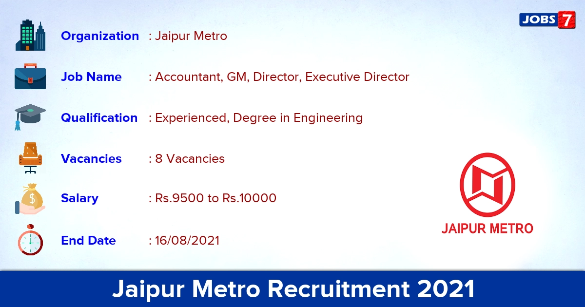 Jaipur Metro Recruitment 2021 - Apply Offline for Executive Director Jobs