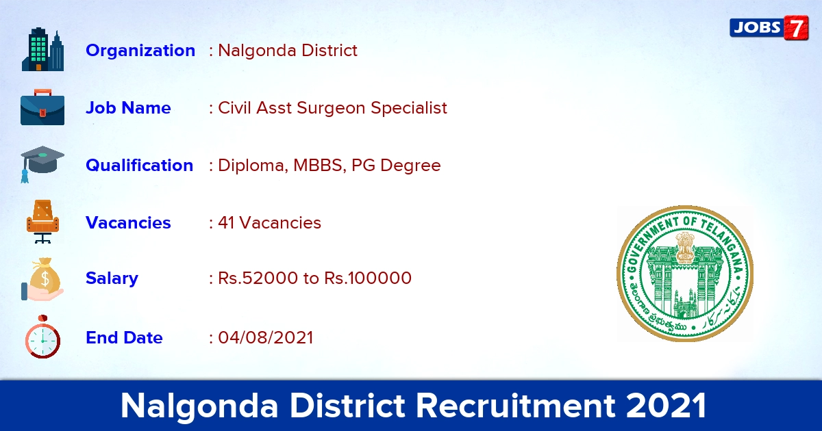 Nalgonda District Recruitment 2021 - Apply Direct Interview for 41 Civil Asst Surgeon Specialist Vacancies